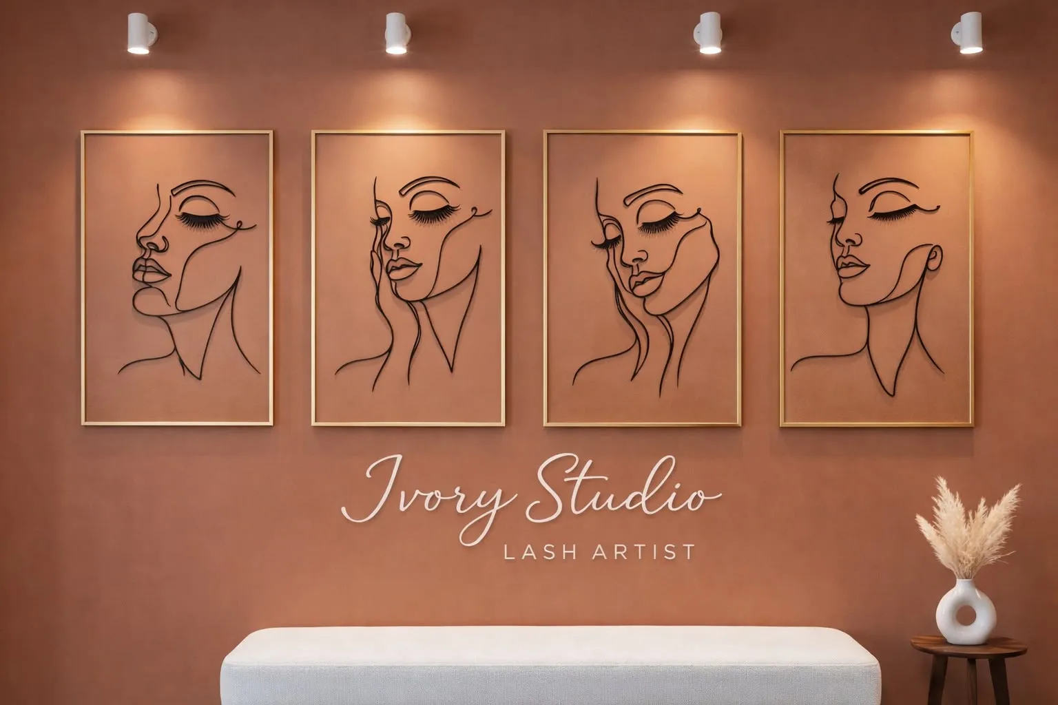 Pared del estudio Ivory con arte de líneas y la firma Ivory Studio Lash Artist